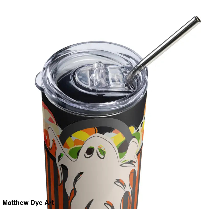 Halloween-themed stainless steel tumbler featuring Matthew Dye art and straw for beverages