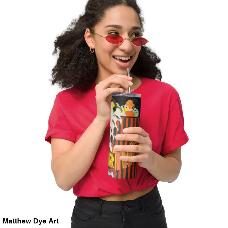Cartoon-themed stainless steel tumbler featuring Matthew Dye art with straw for Halloween