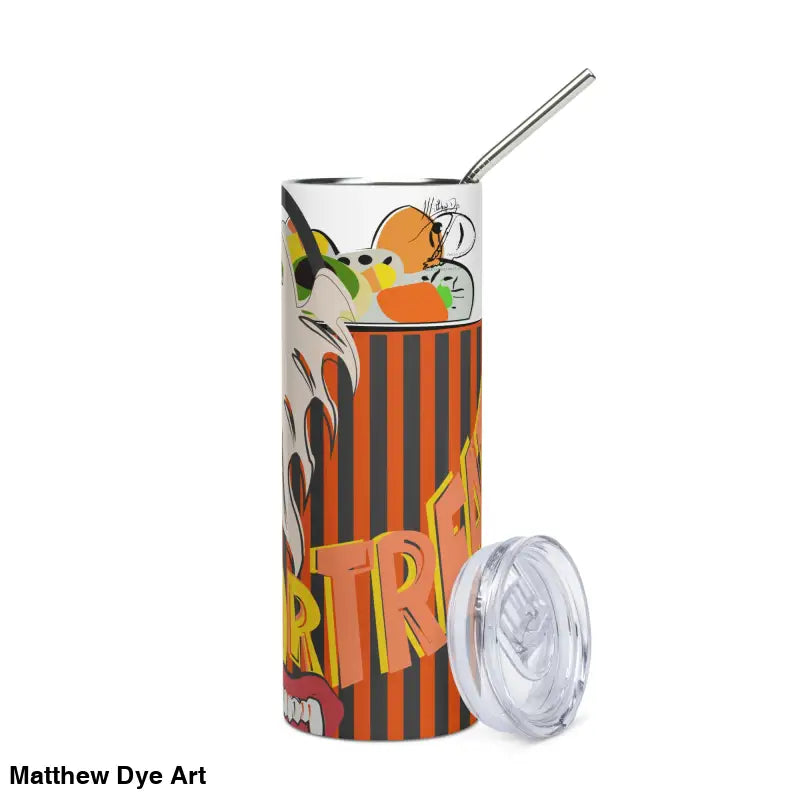 Halloween-themed stainless steel tumbler featuring Matthew Dye art and a convenient straw