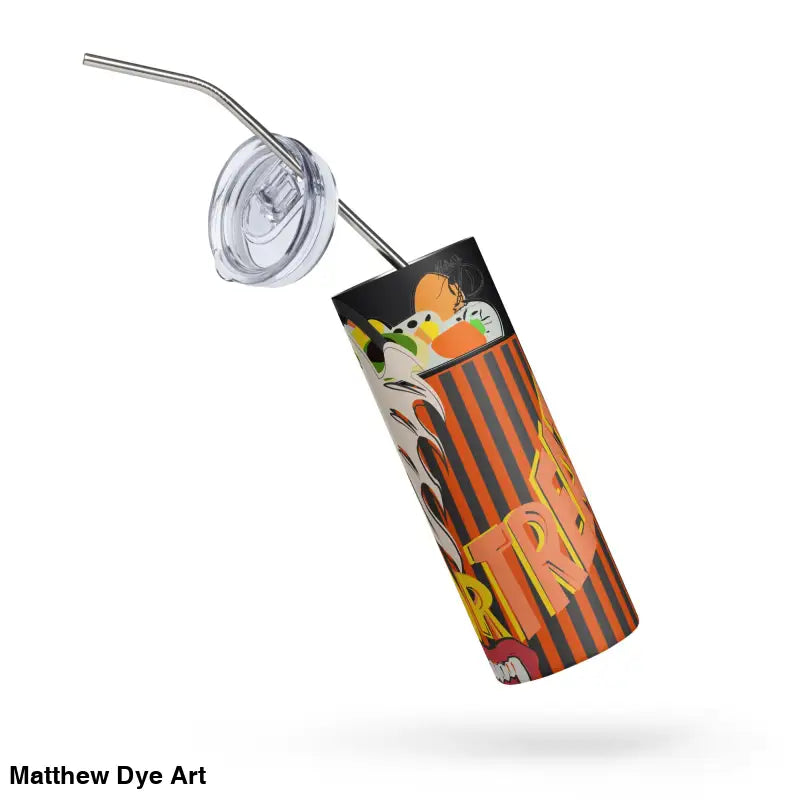 Halloween-themed stainless steel tumbler featuring Matthew Dye art and a straw