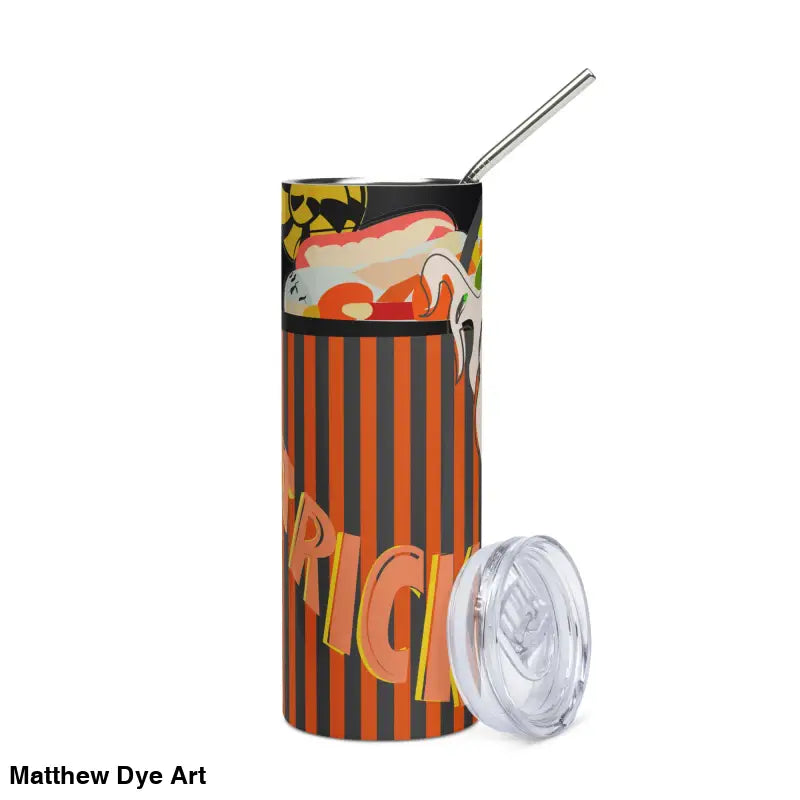 Halloween-themed stainless steel tumbler featuring Matthew Dye art with straw and lid