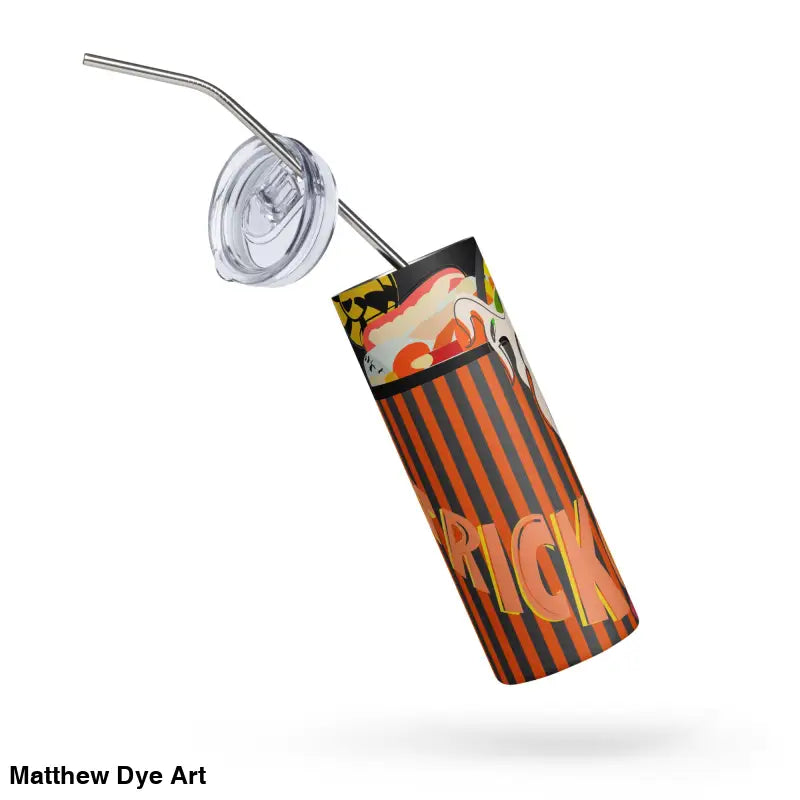 Halloween-themed stainless steel tumbler with straw featuring Matthew Dye art design
