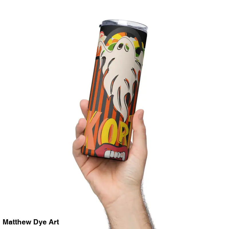 Halloween-themed stainless steel tumbler featuring Matthew Dye art for festive drinks