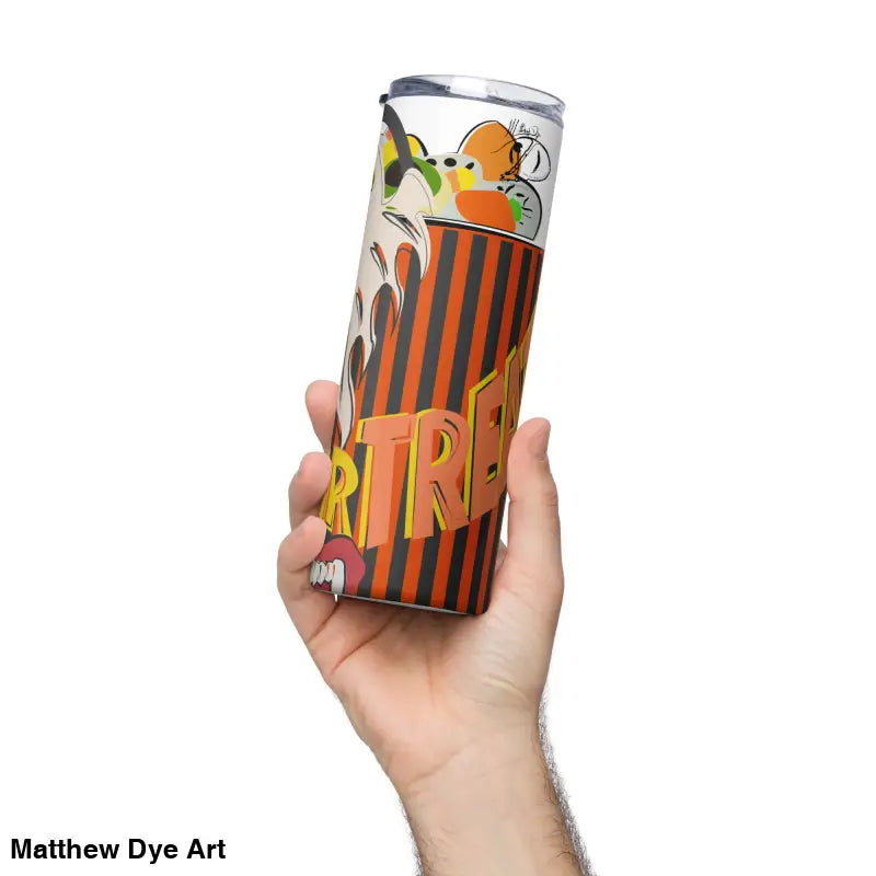 Halloween-themed stainless steel tumbler featuring Matthew Dye art for festive drinks