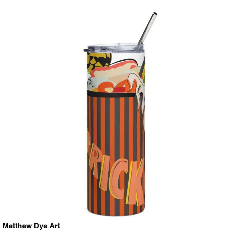 Halloween-themed stainless steel tumbler featuring Matthew Dye art with straw