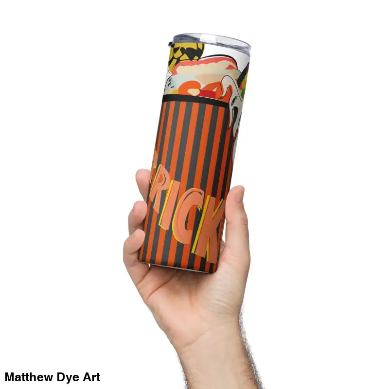 Halloween-themed stainless steel tumbler featuring Matthew Dye art for festive drinks