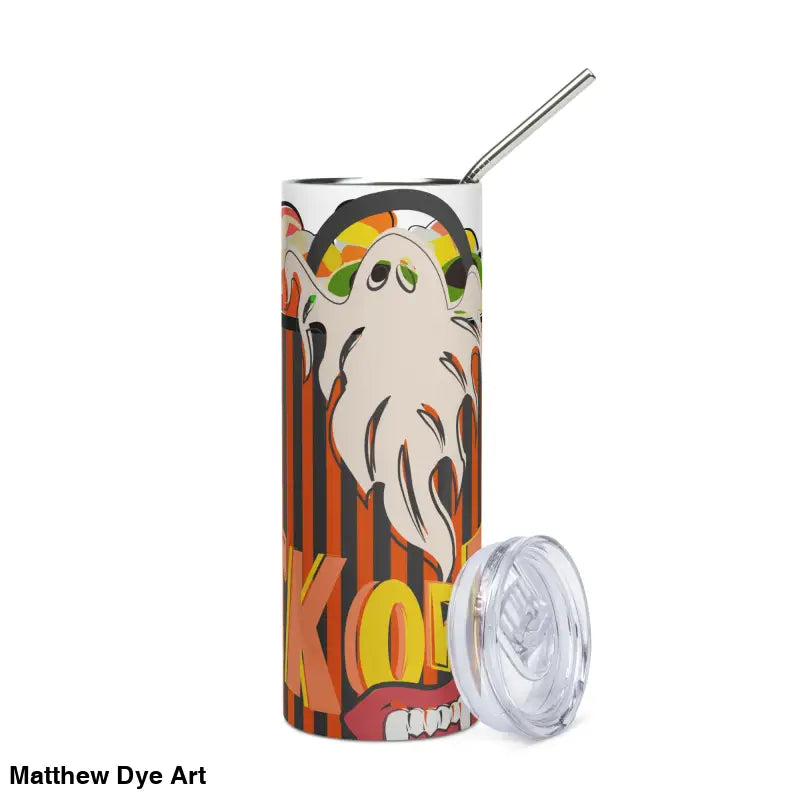 Halloween-themed stainless steel tumbler featuring Matthew Dye art with straw and lid