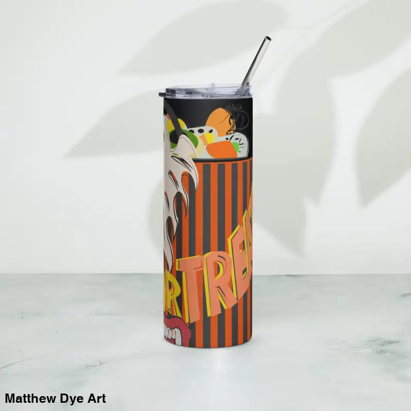 Halloween-themed stainless steel tumbler featuring Matthew Dye art and a straw
