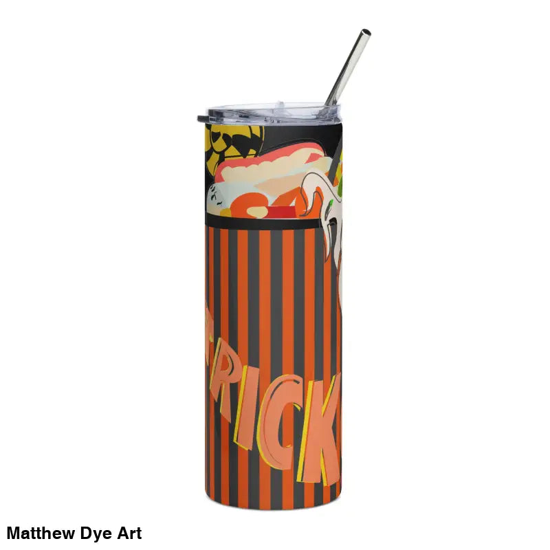 Halloween-themed stainless steel tumbler featuring Matthew Dye art with straw