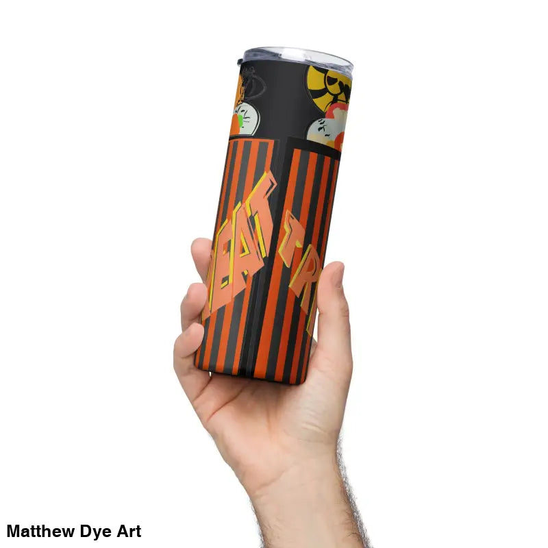 Halloween-themed stainless steel tumbler featuring Matthew Dye art for festive beverages