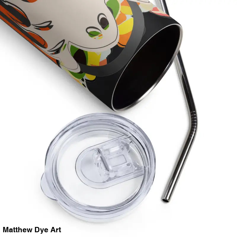 Insulated stainless steel tumbler with lid and straw featuring Matthew Dye art for Halloween