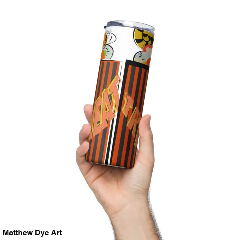 Comic-themed stainless steel tumbler featuring Matthew Dye art for Halloween festivities