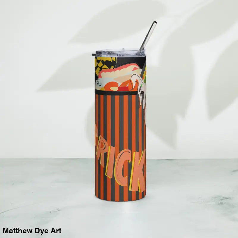 Halloween-themed stainless steel tumbler with straw featuring Matthew Dye art design