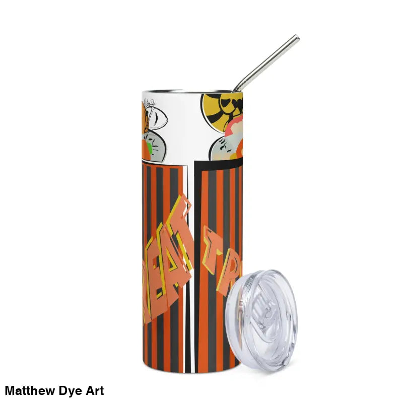 Insulated stainless steel tumbler with straw and lid featuring Matthew Dye art for Halloween