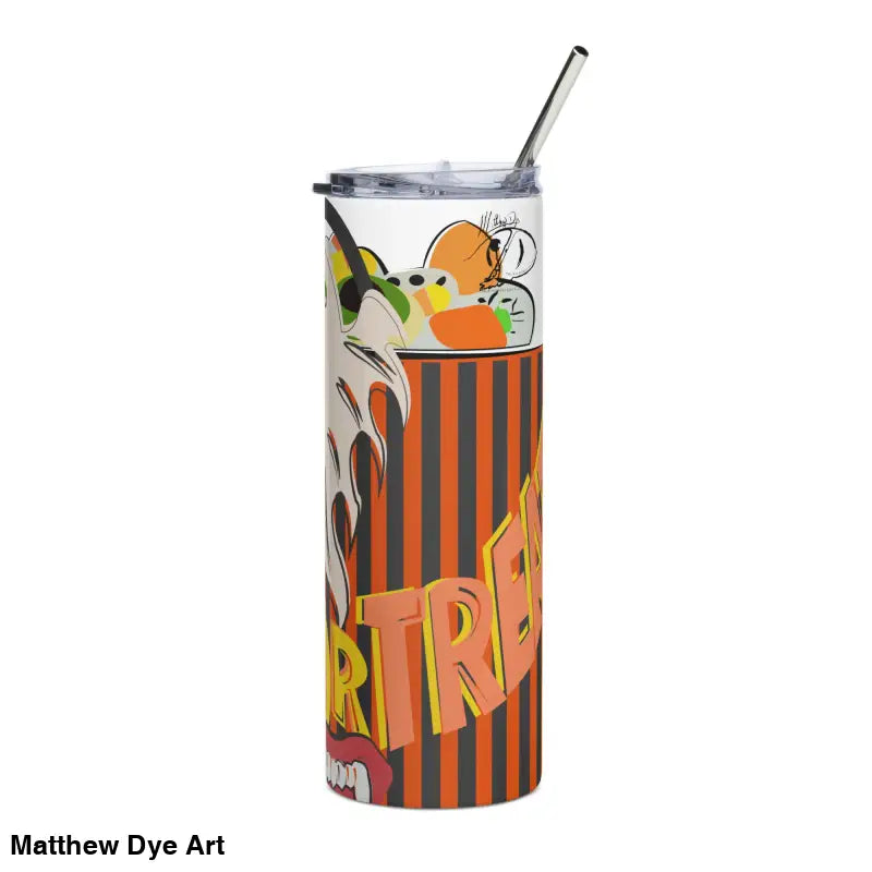 Halloween-themed stainless steel tumbler featuring Matthew Dye art with a straw