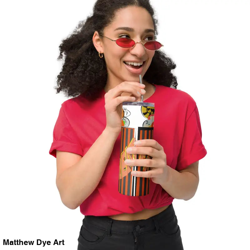 Patterned stainless steel tumbler with straw featuring Matthew Dye art for Halloween