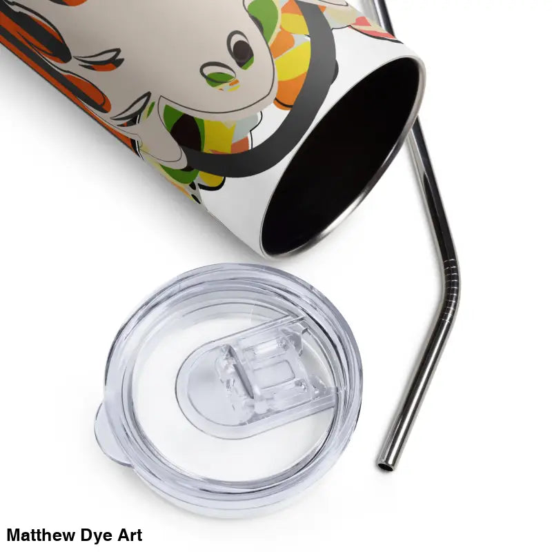 Insulated stainless steel tumbler with lid and straw featuring Matthew Dye art for Halloween