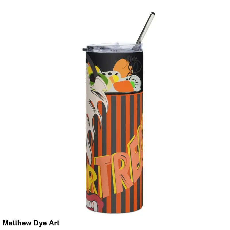 Halloween-themed stainless steel tumbler featuring Matthew Dye art and a straw