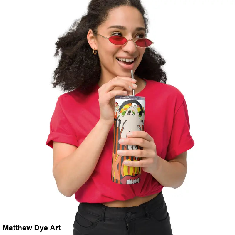 Halloween-themed stainless steel tumbler featuring Matthew Dye art and a straw