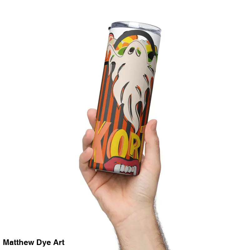 Halloween-themed stainless steel tumbler featuring Matthew Dye art for festive drinks