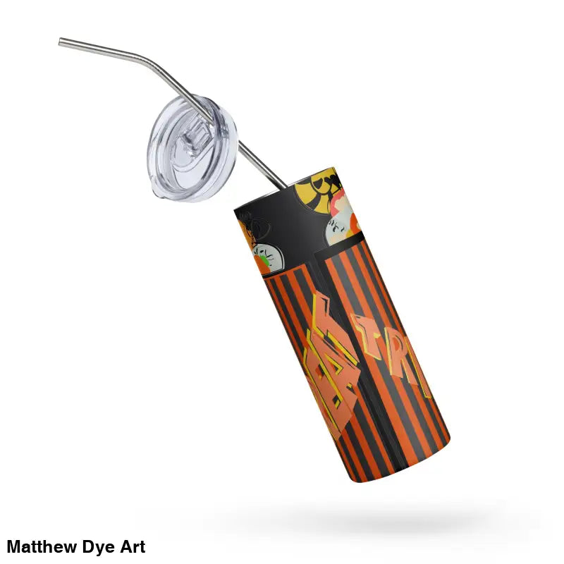 Insulated stainless steel tumbler with straw and lid featuring Matthew Dye art design