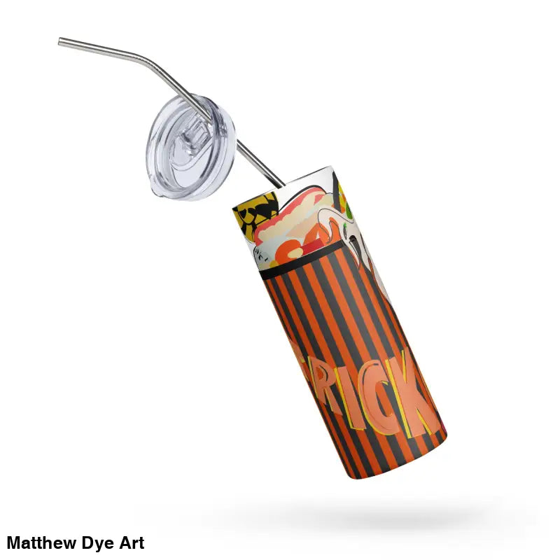 Halloween-themed stainless steel tumbler featuring Matthew Dye art and a convenient straw