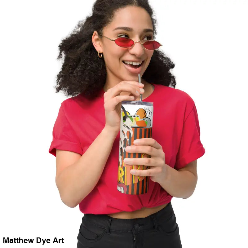 Cartoon-themed stainless steel tumbler with straw featuring Matthew Dye art for Halloween