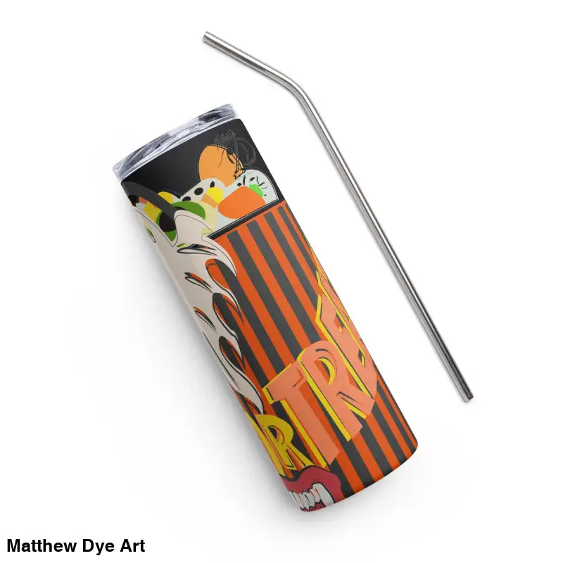 Halloween-themed stainless steel tumbler featuring Matthew Dye art and a straw