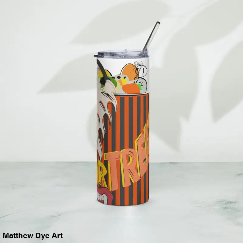 Halloween-themed stainless steel tumbler featuring Matthew Dye art and a straw