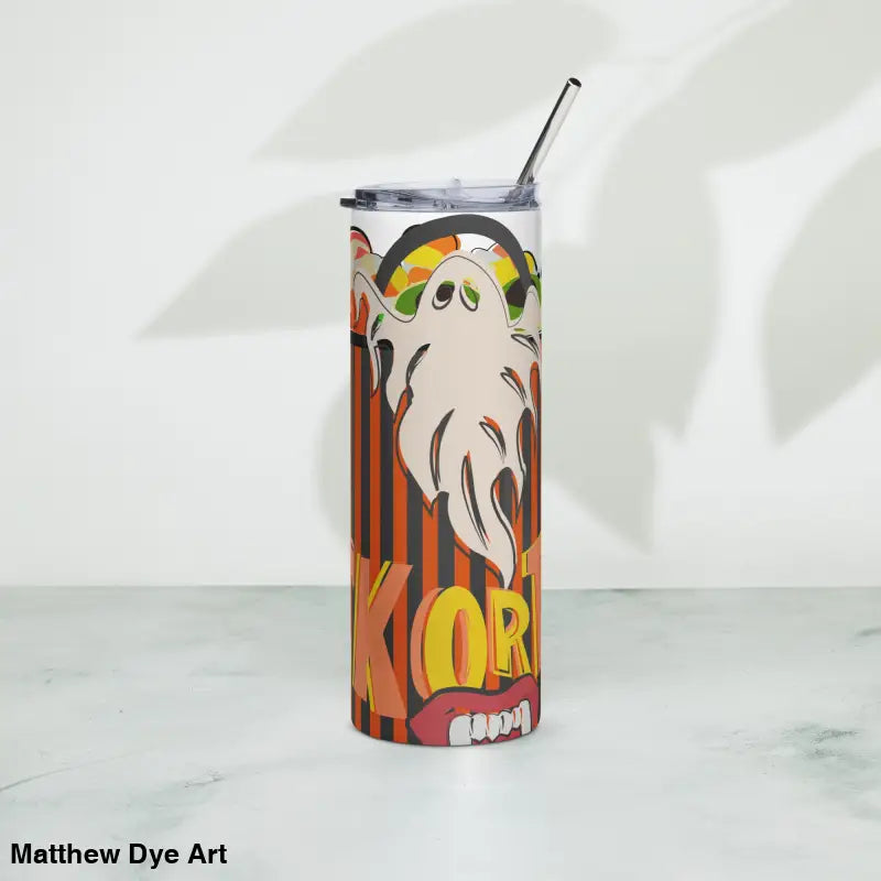 Halloween-themed stainless steel tumbler featuring Matthew Dye art and a straw