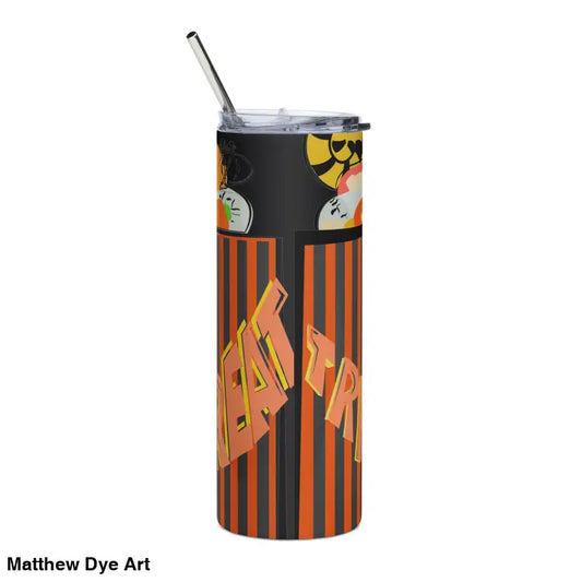 Halloween-themed stainless steel tumbler featuring Matthew Dye art and straw design