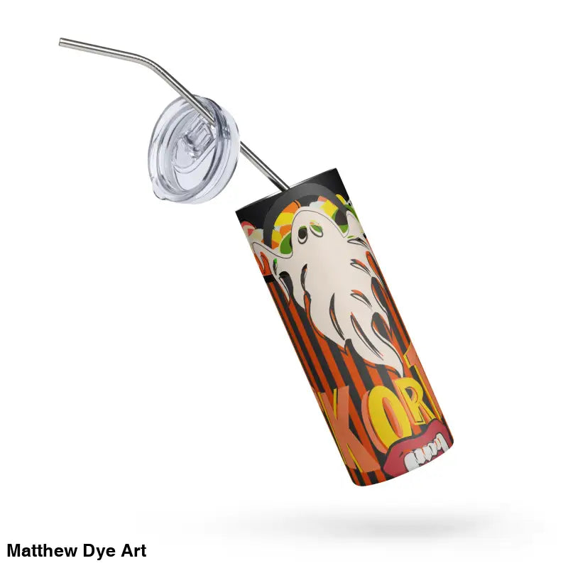 Halloween-themed stainless steel tumbler featuring Matthew Dye art and a straw