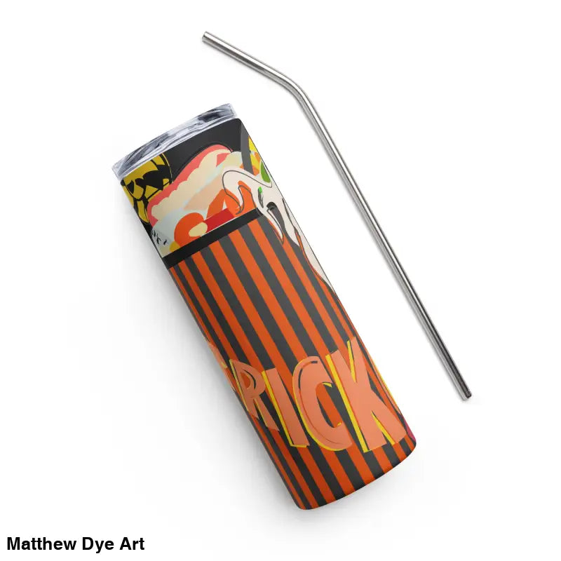 Halloween-themed stainless steel tumbler with metal straw featuring Matthew Dye art