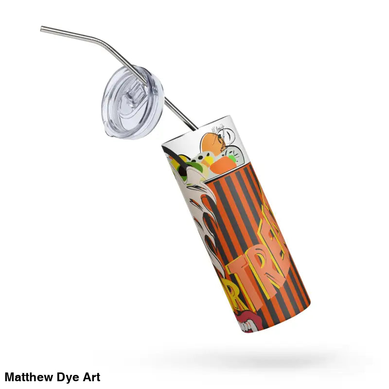 Cartoon-themed stainless steel tumbler with straw featuring Matthew Dye art for Halloween