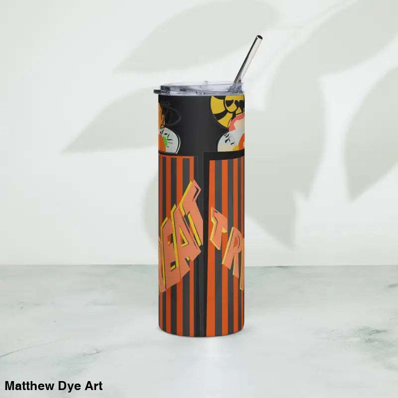 Striped stainless steel tumbler with straw featuring Matthew Dye art for Halloween