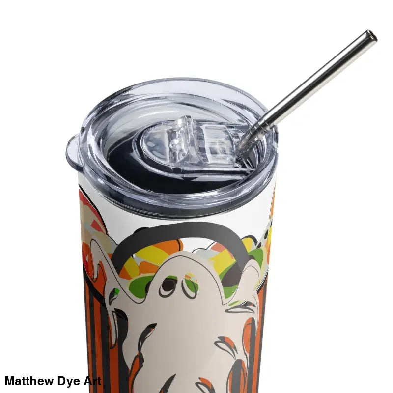 Halloween-themed stainless steel tumbler featuring Matthew Dye art with straw