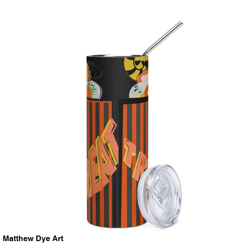 Halloween-themed stainless steel tumbler with straw and lid featuring Matthew Dye art