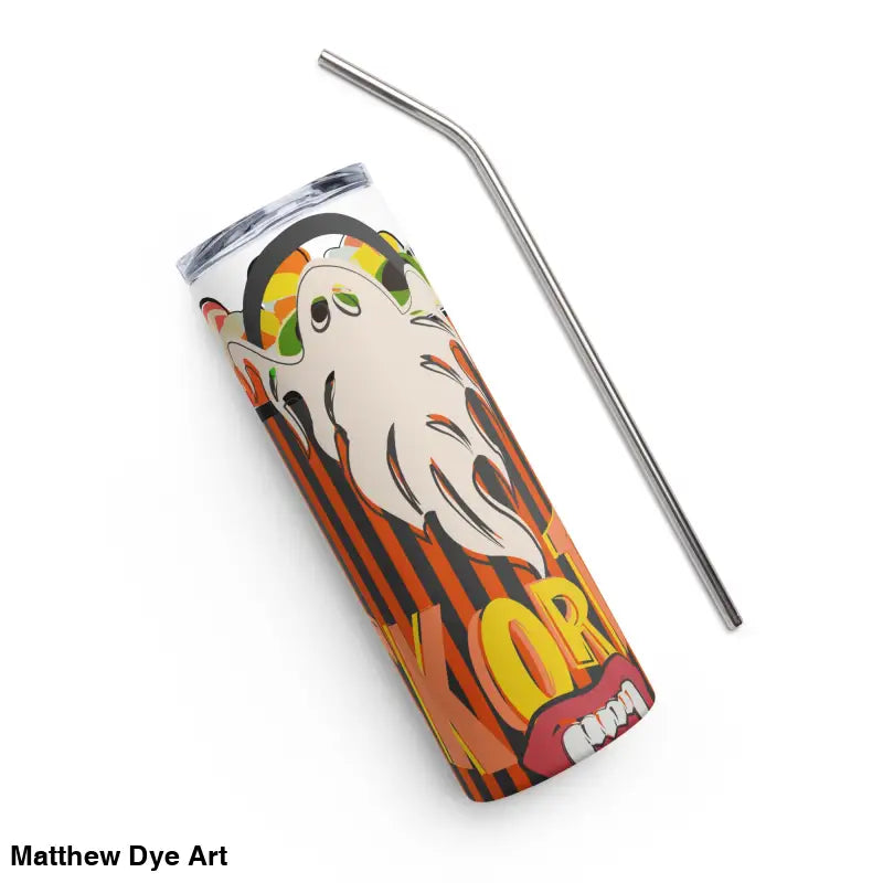 Halloween-themed stainless steel tumbler featuring Matthew Dye art and a straw