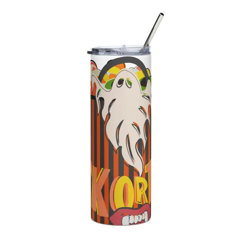 Halloween-themed stainless steel tumbler with straw featuring Matthew Dye art design