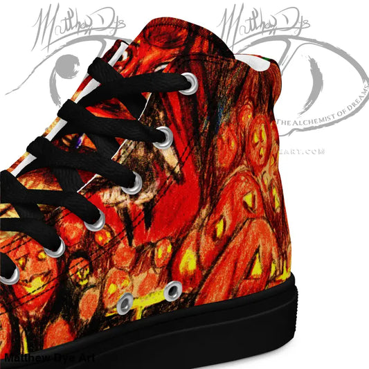 High-top sneakers with a red and orange abstract design for Trick r Treat Halloween style