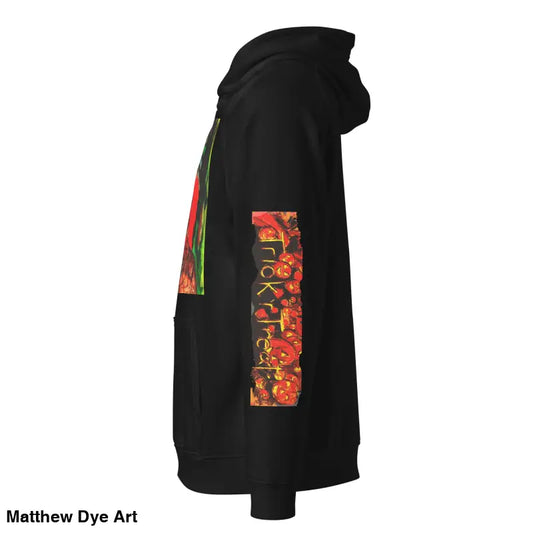 Black hoodie featuring Matthew Dye art with Halloween designs for Trick ’r Treat apparel