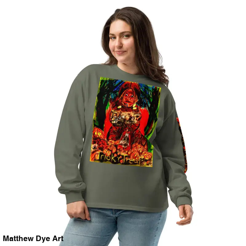 Olive green unisex long sleeve shirt featuring colorful graphic for Halloween decor