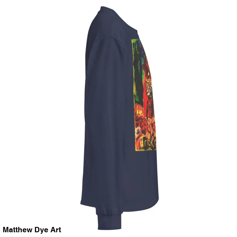 Navy unisex long sleeve shirt with graphic for Halloween Trick r Treat style