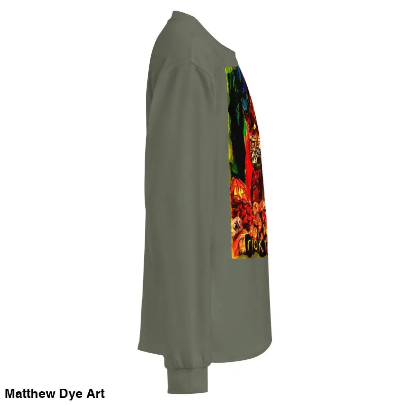 Olive green unisex long sleeve shirt featuring Trick R Treat graphic for Halloween elegance