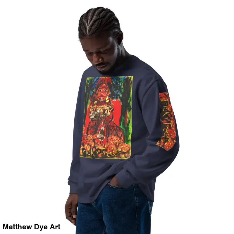 Navy unisex long sleeve shirt featuring Trick R Treat Halloween graphic design