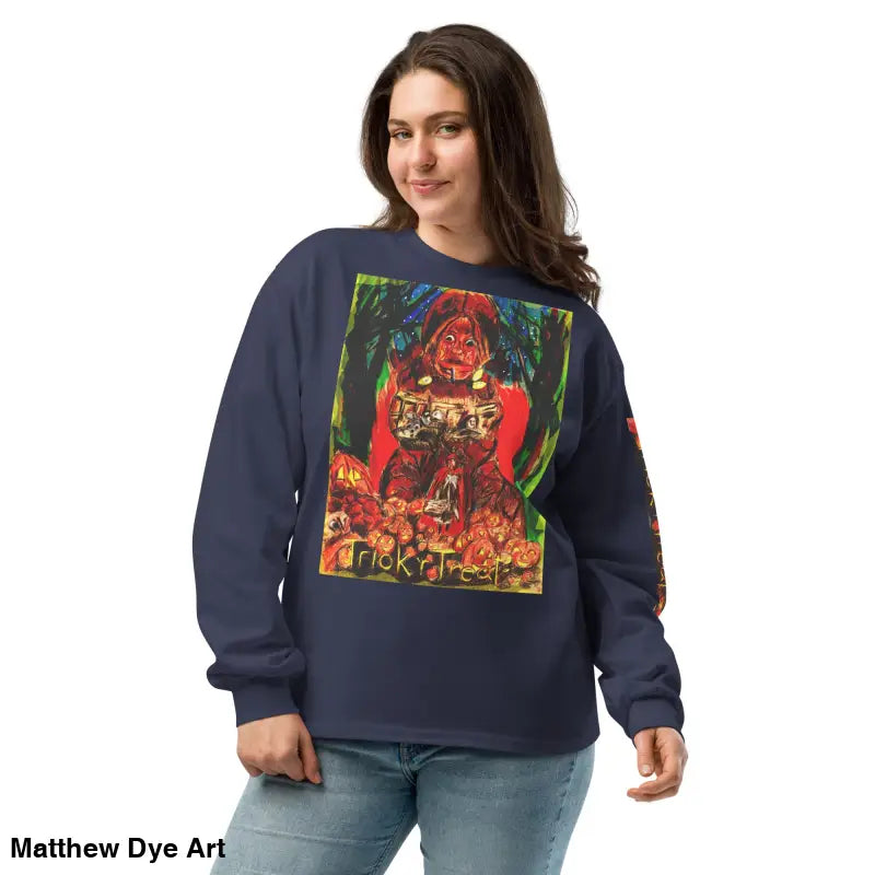Navy blue unisex long sleeve shirt with colorful Trick r Treat Halloween graphic