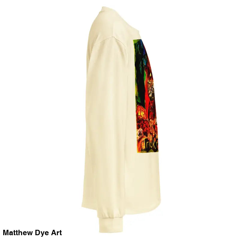 Long-sleeved cream Trick r Treat unisex shirt with colorful Halloween graphic