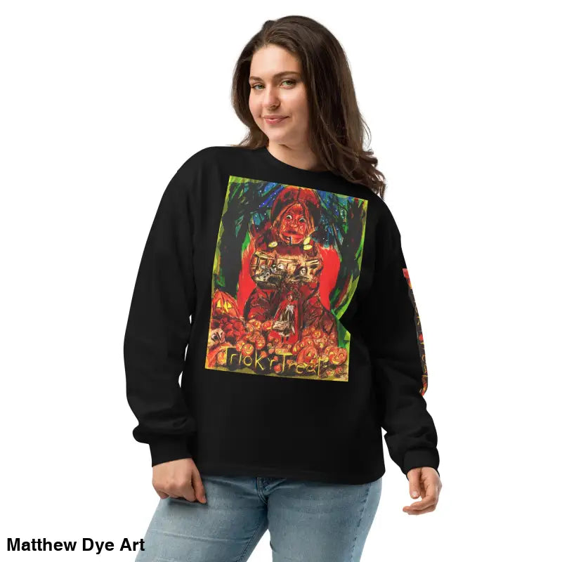 Black unisex long sleeve shirt featuring vibrant graphic for Trick r Treat Halloween style