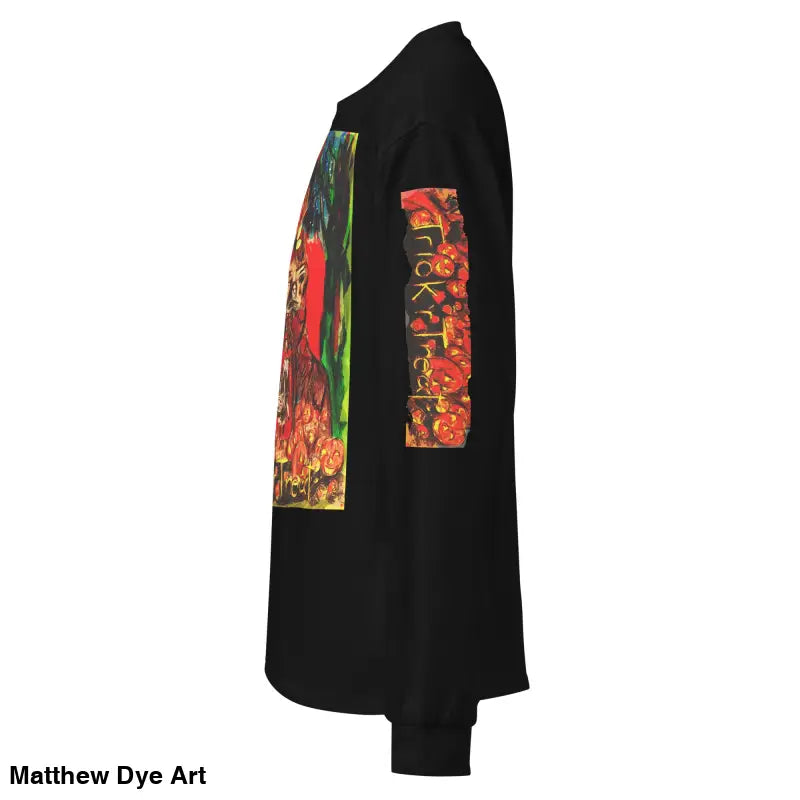 Black unisex long sleeve Trick R Treat shirt featuring vibrant Halloween graphics