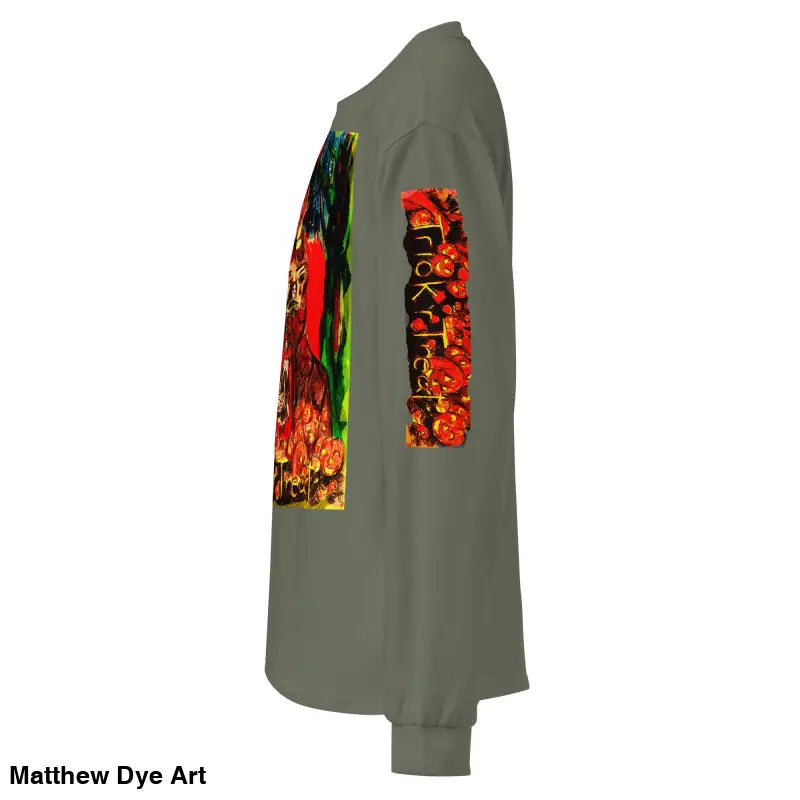 Olive green unisex long sleeve shirt featuring colorful Trick r Treat graphic designs
